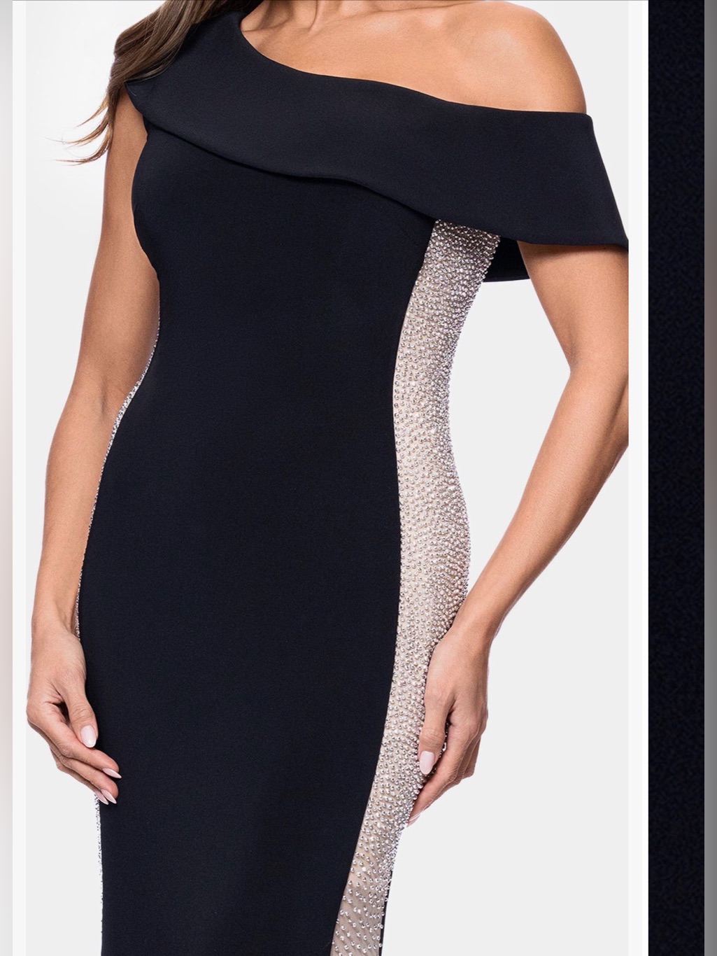 Off-Shoulder Black Evening Dress With Crystal Side Panels - Xscape Evenings